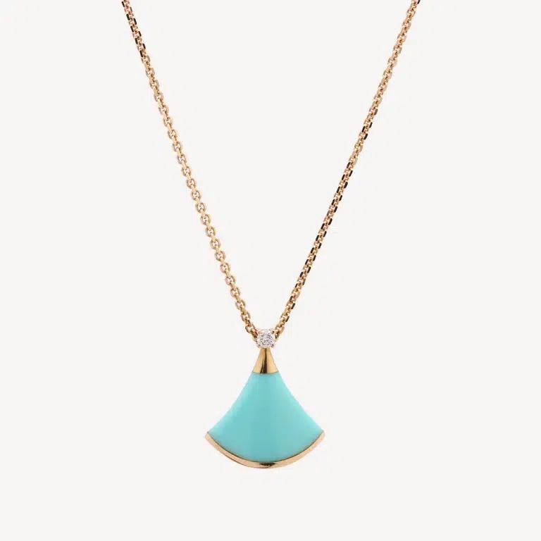 Bijou de seconde main : Collier Diva's Dream Bulgari avec motif en forme d'éventail en Or rose et Turquoise surmontée d'un petit diamant - collection Diva's Dream Bulgari