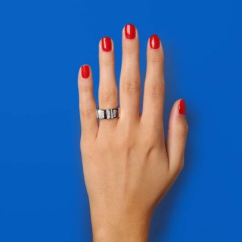 hand on blue background with used Montblanc ring